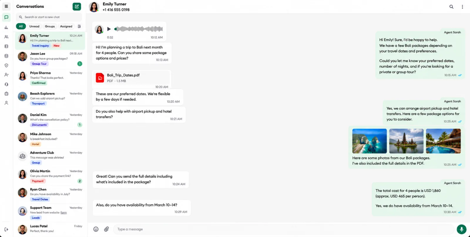 GreenChat conversation workspace showing a travel inquiry managed by a sales and support team